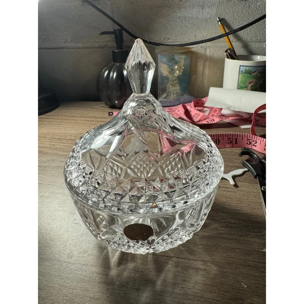 Vintage Crystal Candy Dishes Set of 2 Lidded Glass Bowls Diamond Cut Pattern